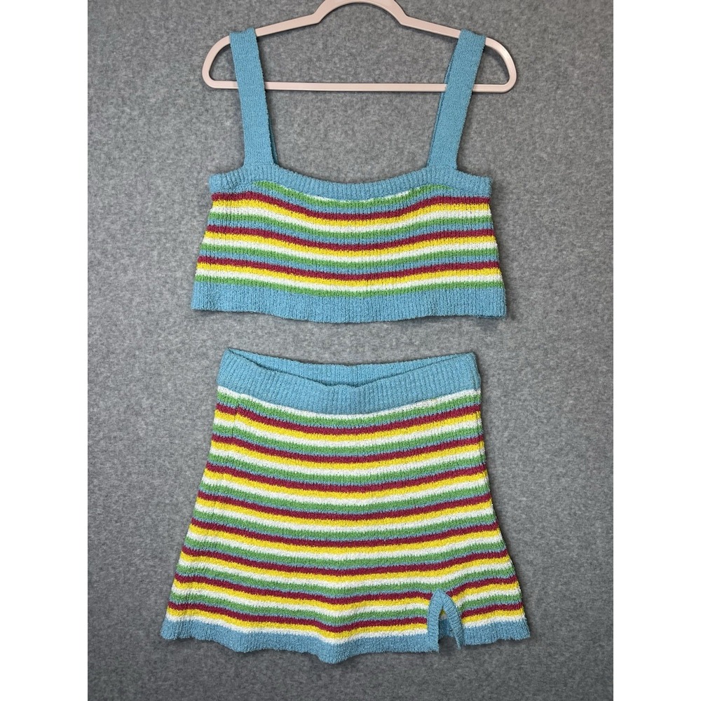 Day + Moon Womens L Rainbow Stripe Terry Knit Crop Top Mini Skirt Set NWT 22